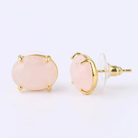 Oval Shape Stud Earrings golden Color Natural Stone Faceted Pink Quartz Crystal Agate lapis lazuli Healing Jewelry Female - Charlie Dolly