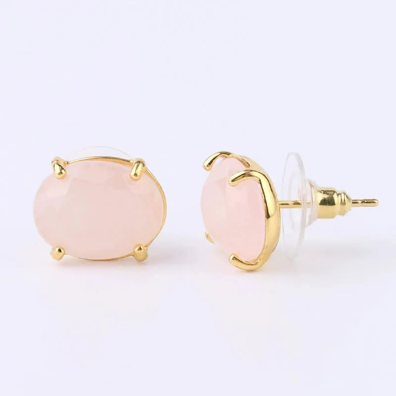 Oval Shape Stud Earrings golden Color Natural Stone Faceted Pink Quartz Crystal Agate lapis lazuli Healing Jewelry Female