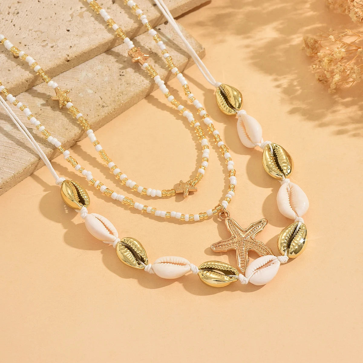 Women's Boho 3 Layered Cowrie Shell Starfish Beaded Necklace Summer Beach Festival Vacation Gift Fashion Jewelry Accessory