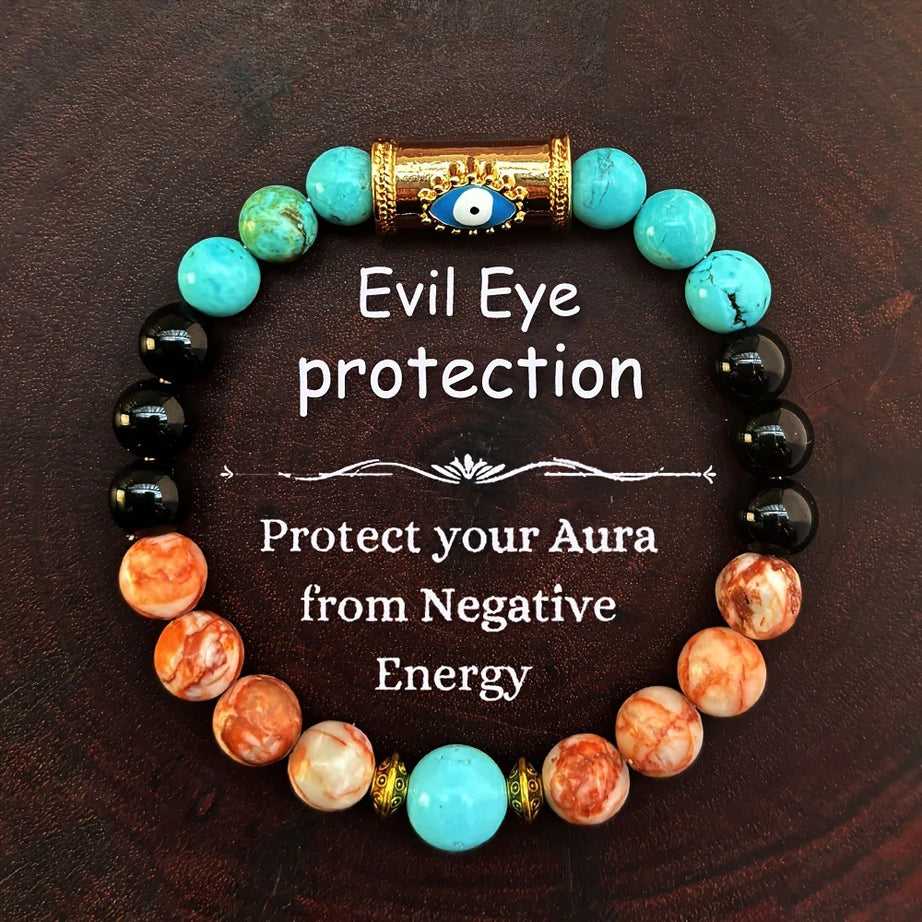 Lucky Evil Eye Natural Stone Beaded Bracelet, Turkish Protection Friendship Talisman