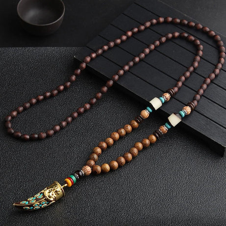 Nepal Wood Bead Fish Horn Pendant Necklace Jewelry