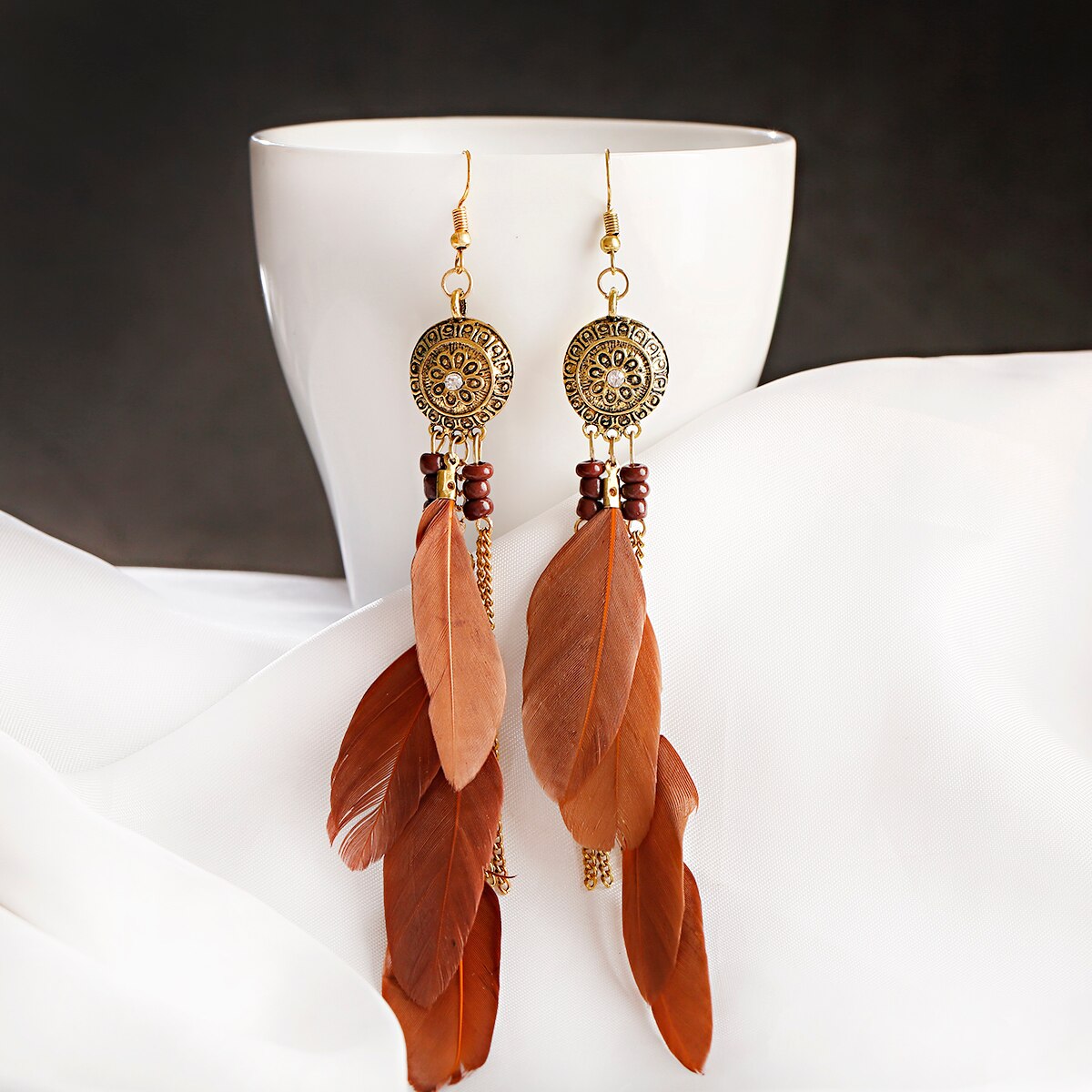 Bohemian Gold Color Long Alloy Tassel Earrings Women Kolczyki Vintage Wood Beads Feather Statement Earrings Fashion Jewelry 2019 - Charlie Dolly