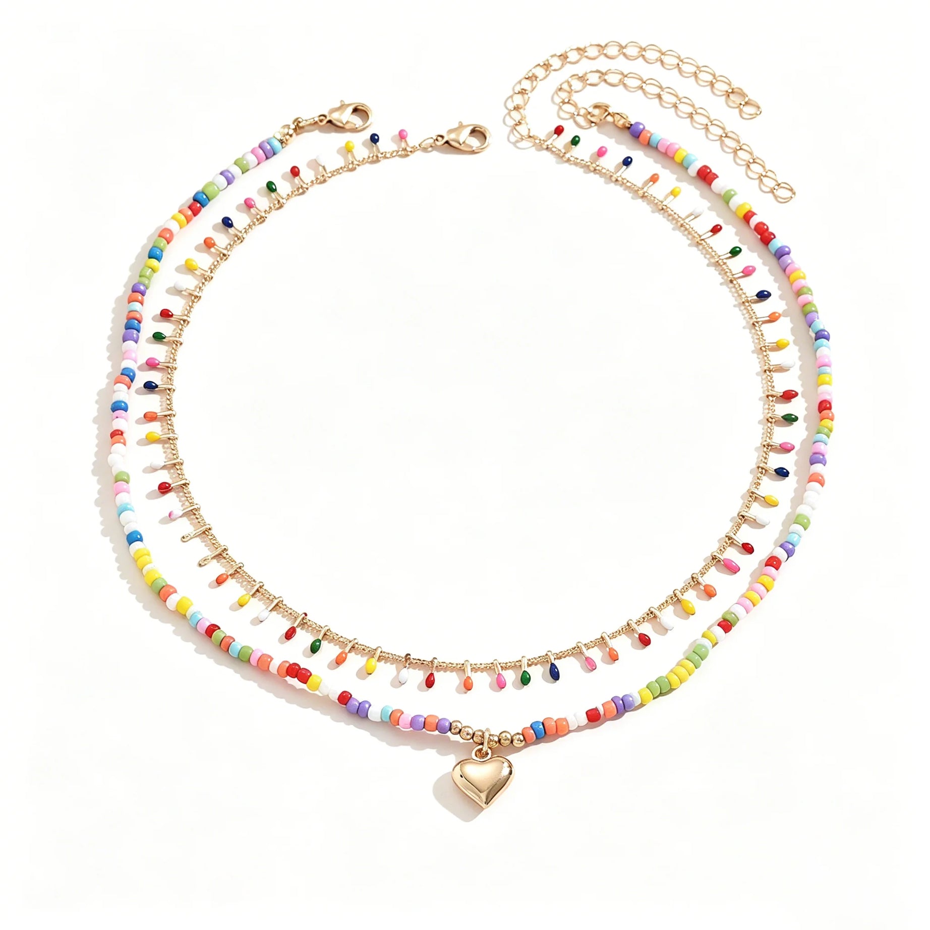 Rainbow Glass Bead Heart Choker Necklace Jewelry