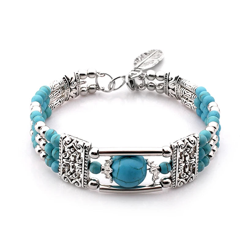 Vintage Bohemian Natural Stone Bracelet For Women Handmade Jewelry Blue Round Beads Carved Boho Bracelets Bangles Femme Pulseras