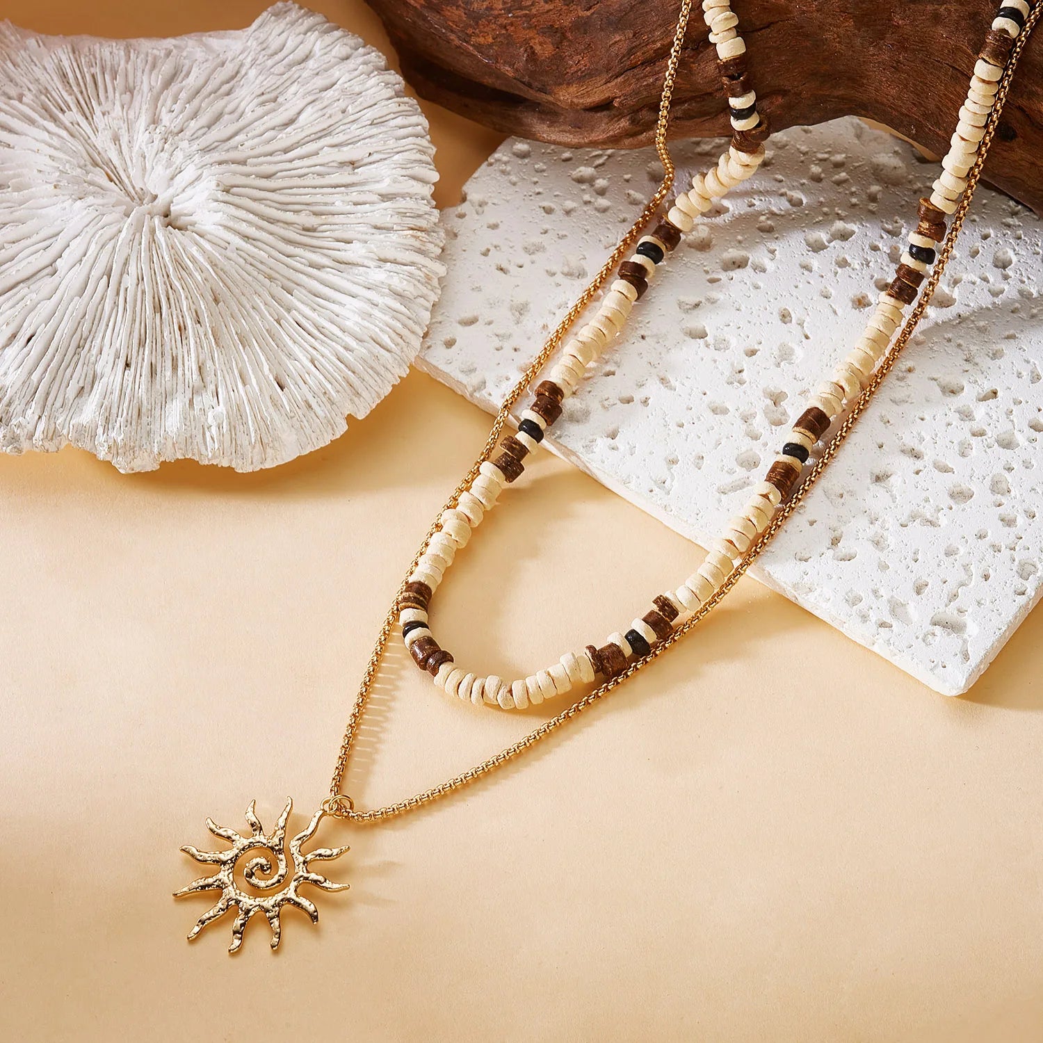 Natural Tiger Eye Healing Stone Necklace for Women Man Boho Handmade Layered Necklace Wood Bead Choker Summer Beach Jewelry Gift