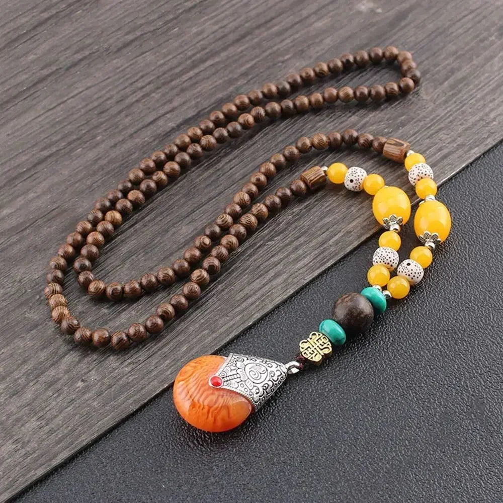 Nepal Wood Bead Mala Pendant Necklace Jewelry