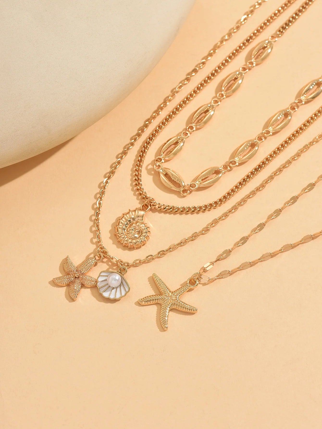 4-piece Layer Ocean Theme Necklace For Women Gold Starfish Shell Conch Pendant Vintage Boho Choker Chain Beach Jewelry Gift