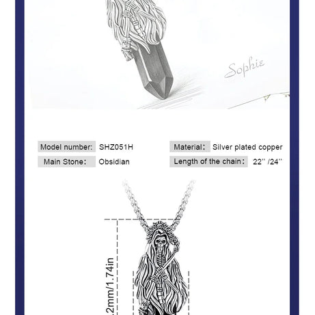 Natural Obsidian Santa Muerte Pendant Necklace, Holy Death Healing Crystal Devotional Amulet