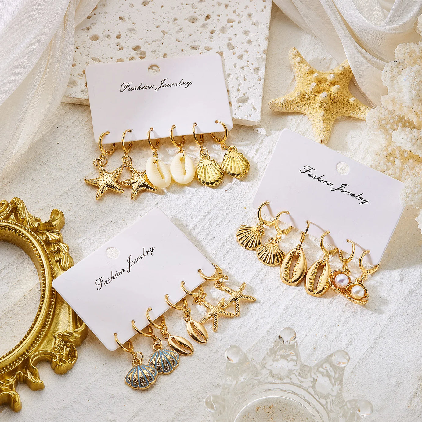 Starfish, Scallop and Pearl Boho Earring Set (6 Pieces)