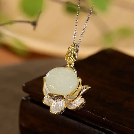 Natural Hotan Jade Lotus Flower Jewelry Set, Necklace Ring Bracelet Hairpin Boutique