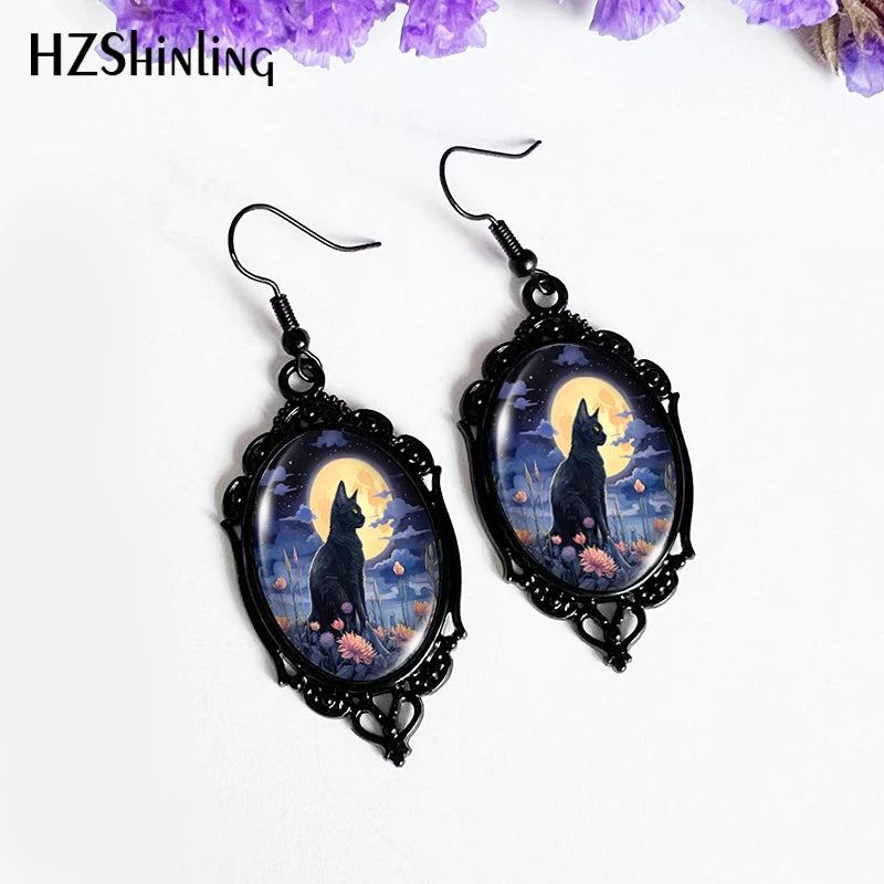 2024 New Green Moon Cat Dangle Earring Halloween Black Lace Earrings Oval Glass Photo Jewelry Gifts Party - Charlie Dolly