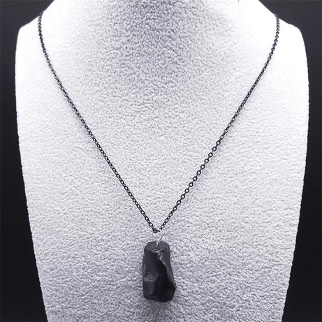 Black Obsidian Irregular Natural Stone Necklace Boho Stainless Steel Black Sweater Chain Fashion  Necklaces Lucky Jewelry NDD16 - Charlie Dolly