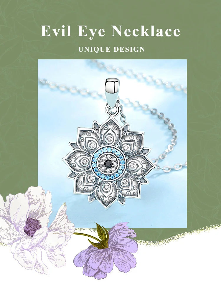 Eudora 925 Sterling Silver Lotus Evil Eye Necklace for Women Man Vintage Evil Eye Lotus Flower Pendant Personality Jewelry Gift