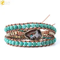 CSJA Natural Stone Bracelets Green Fluorite Crystal Aventurine Bead Leather Wrap Bracelet Multilayer Boho Jewelry Pulseira G118