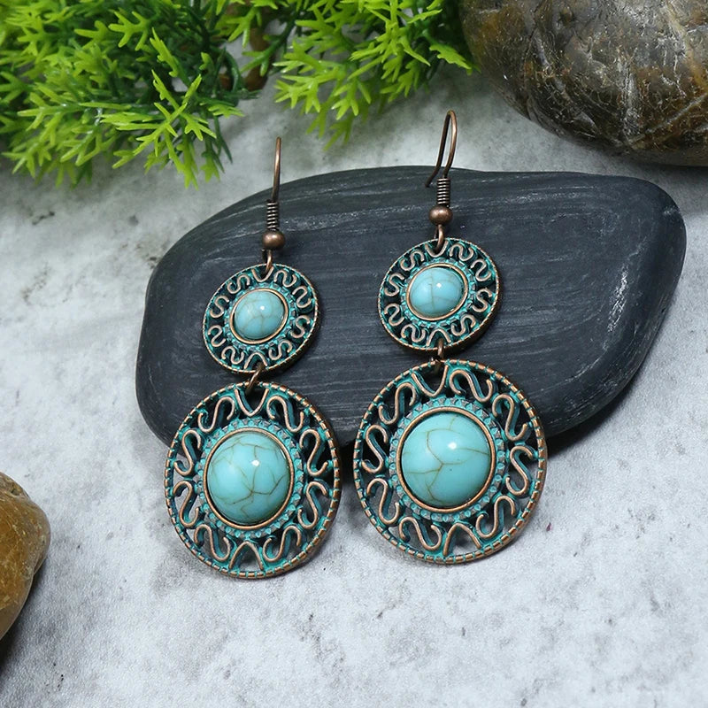 Vintage Boho Blue Stone Beaded Drop Earrings For Women Tassel Ethnic Geometric Flower Leaf Long Dangle Earrings Trendy Jewelry