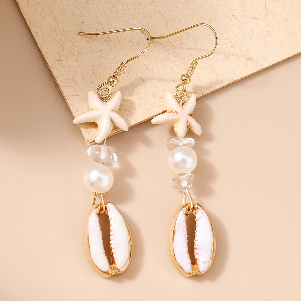 Cute Conch Starfish Shell Drop Earrings for Women Girls Boho Pearl Earrings Summer Beach Jewelry Gifts