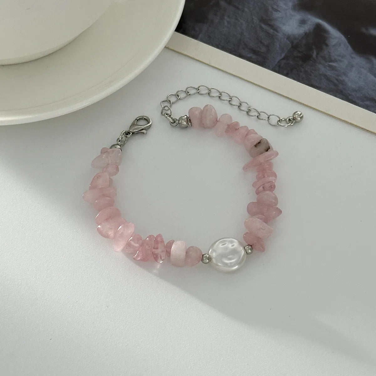 Boho Pink Zircon Heart Circular Imitation Pearl Pendant Necklace 2026 Sweet Natural Stone Chain Style Girls Fashion Jewelry