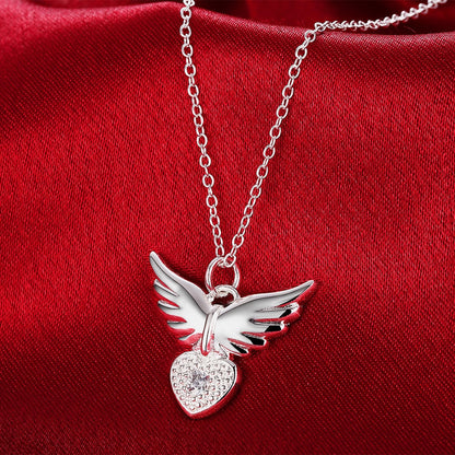 925 Sterling Silver 18 inches Zircon elegant Heart wings Pendant Necklace For Women Fashion Jewelry Christmas Gifts