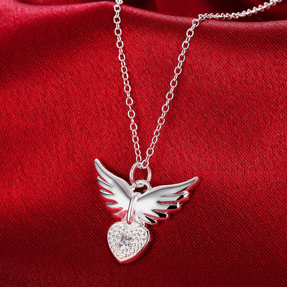 925 Sterling Silver 18 inches Zircon elegant Heart wings Pendant Necklace For Women Fashion Jewelry Christmas Gifts - Charlie Dolly