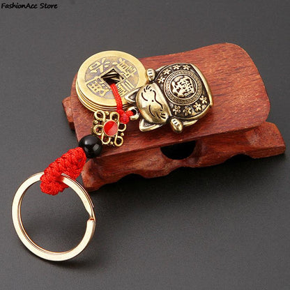 Pure Handmade Brass Lucky Cat Car Keychain Lucky Cat Five Emperors Money Keychain Feng Shui Coins Solid Lucky Key Rings