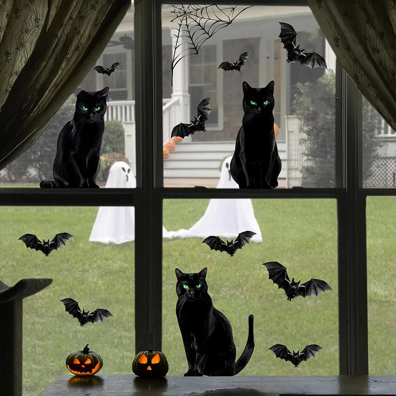 Halloween Decoration 2024 Black Cats Window Decals Halloween Window Sticker Spider Web Bat Black Cat Window Cling trick or treat - Charlie Dolly