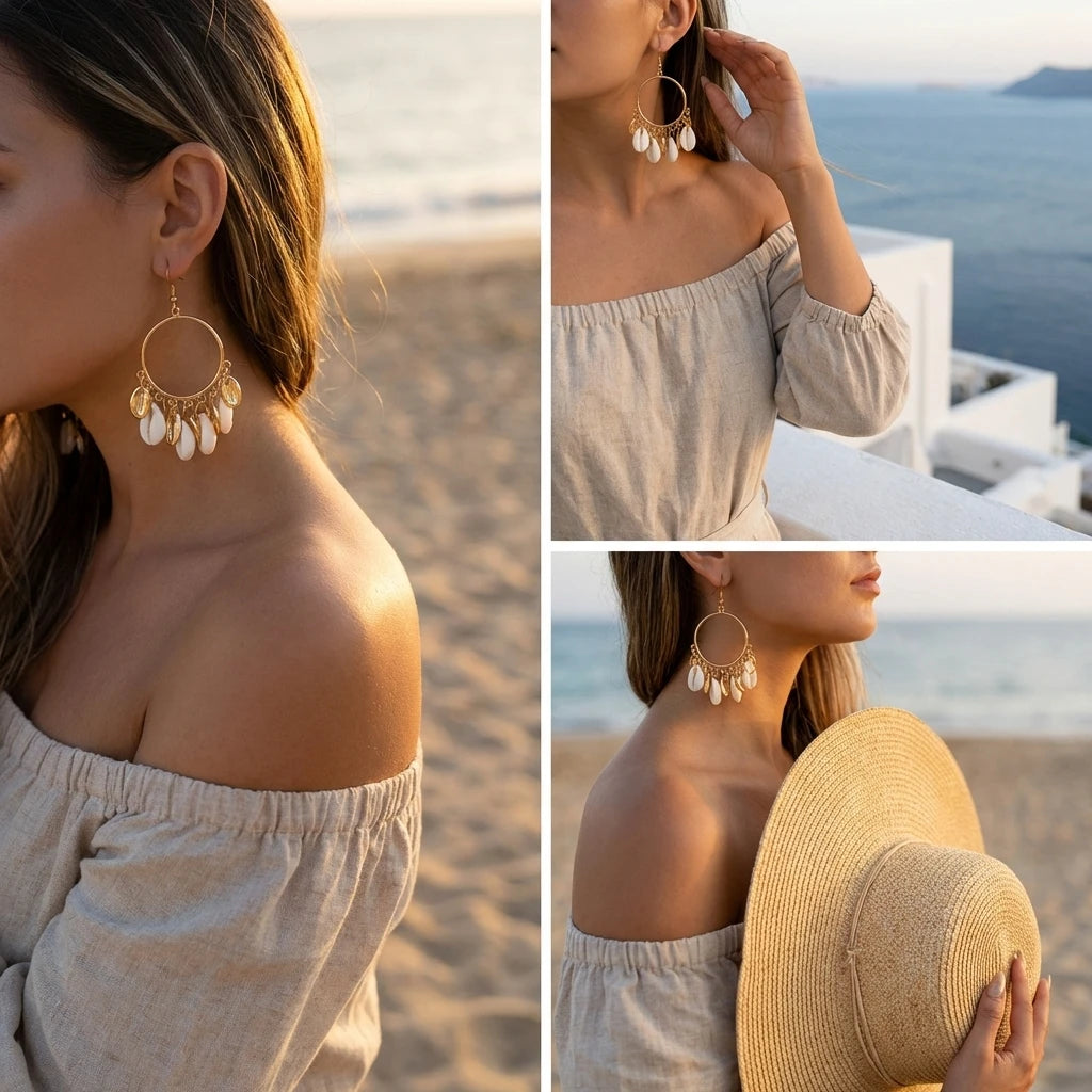 Boho Festival Statement Earrings for Women Gold Color Hoop Shell Chandelier Tassel Dangle Y2K Gypsy Beach Party Rave Jewelry