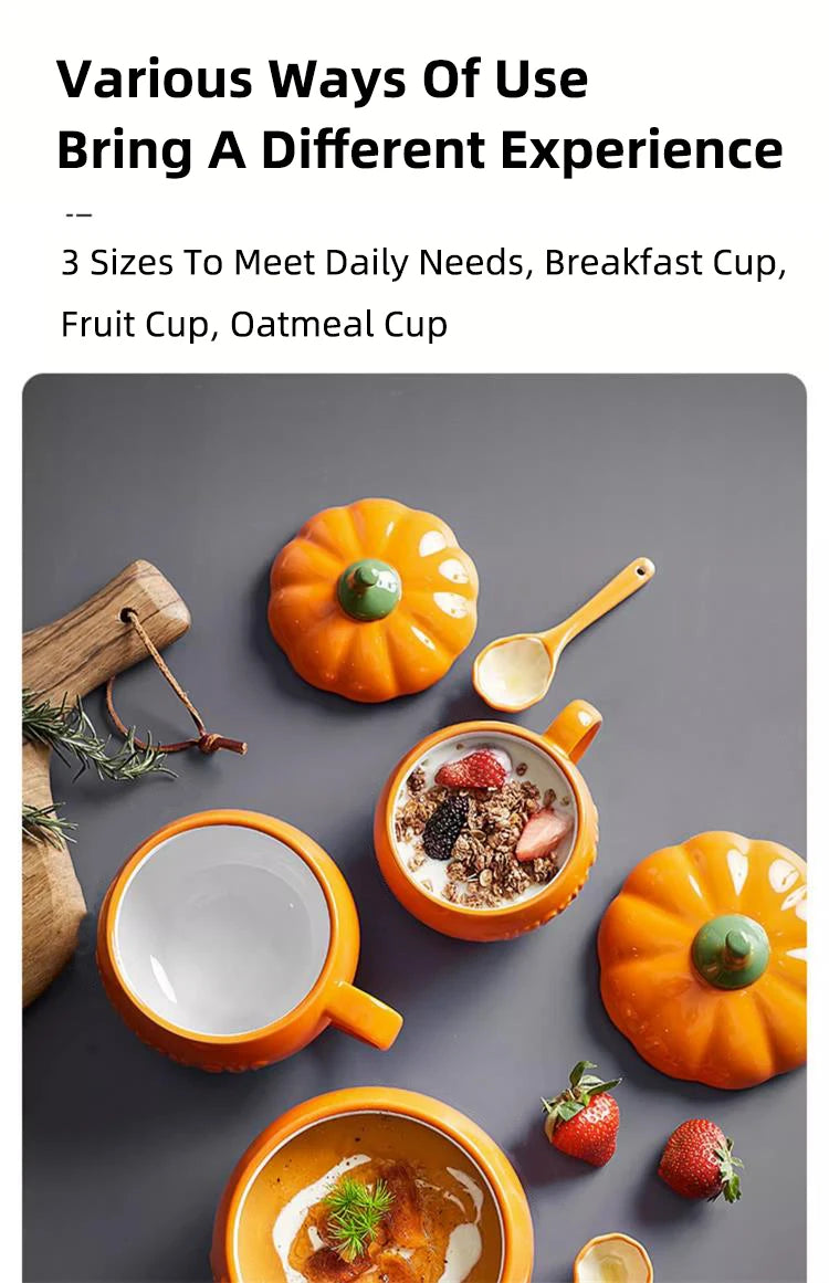 300/450ML Halloween Pumpkin Shaped Ceramic Cup With Spoon Kawaii Soup Mug With Lid  Oatmeal Cup Creative Water Cup - Charlie Dolly