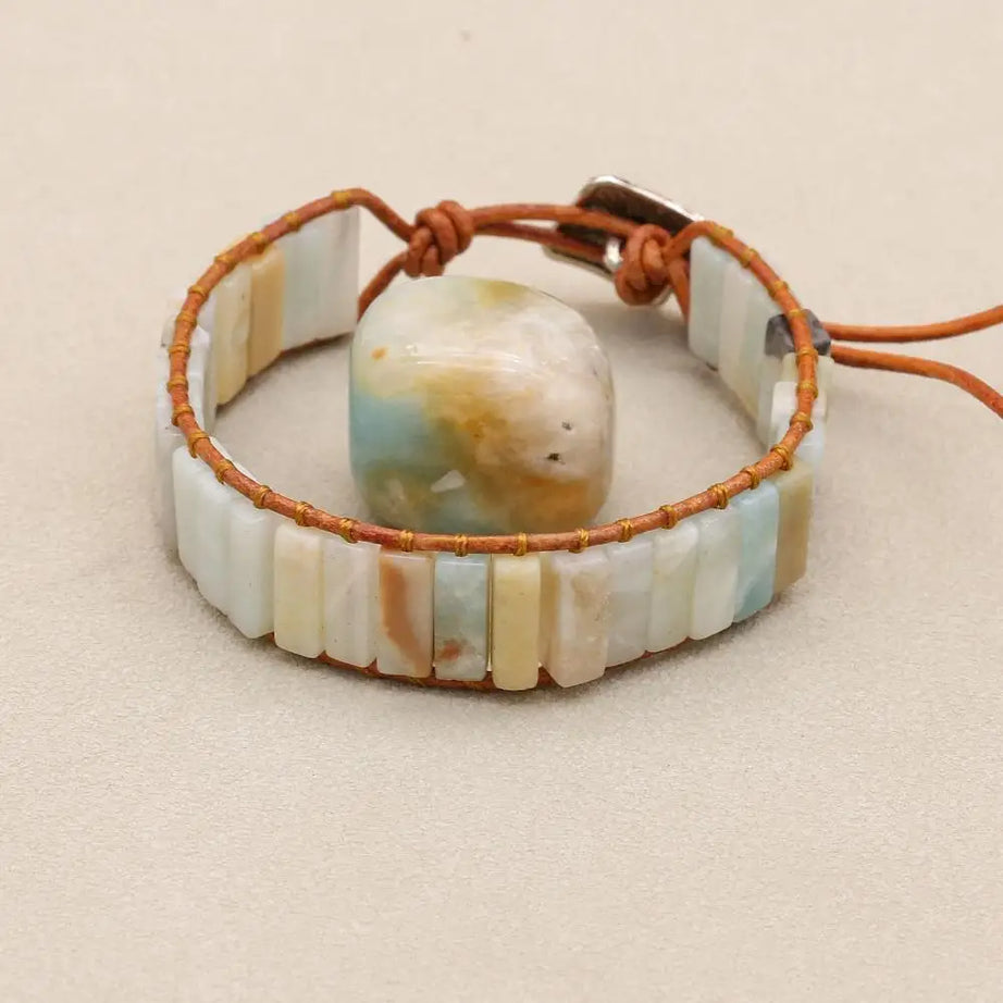 Amazonite Natural Stone Leather Wrap Bracelet