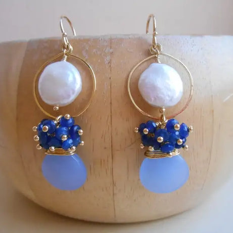 Constance gemstone cluster chandelier earrings blue white lapis lazuli coin pearl chalcedony gold fill gift for her June - Charlie Dolly