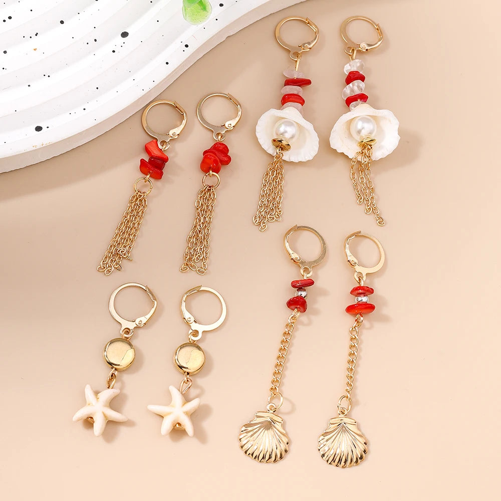 Cute Conch Starfish Shell Drop Earrings for Women Girls Boho Pearl Earrings Summer Beach Jewelry Gifts