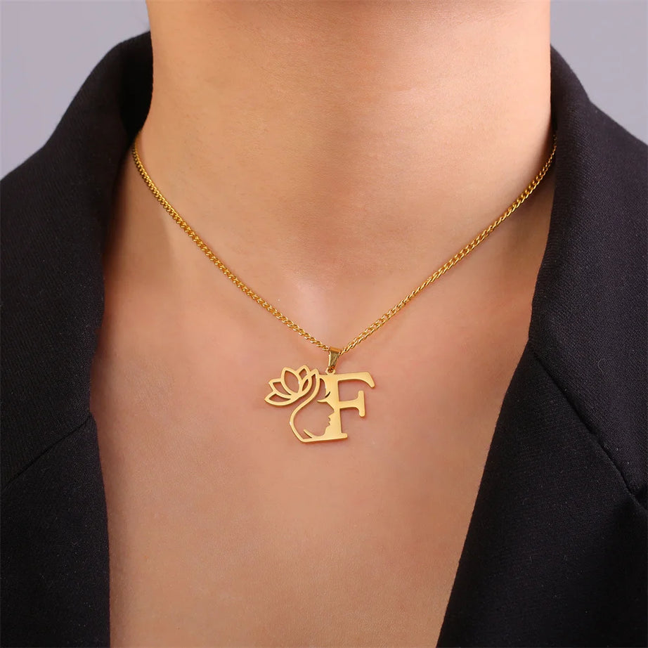 Lotus Flower Initial Letter Pendant, Personalized Stainless Steel Necklace