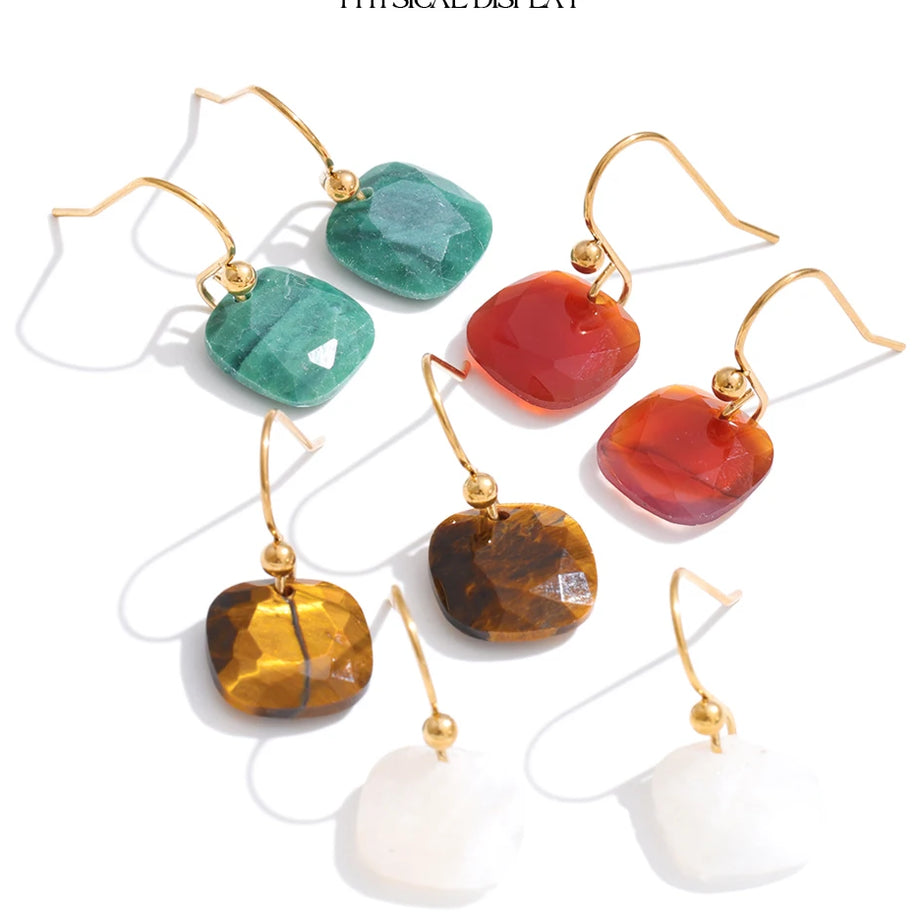 Natural Stone Square Drop Earrings, Tiger Eye Agate 14K Gold-Plated Stainless Steel Jewelry