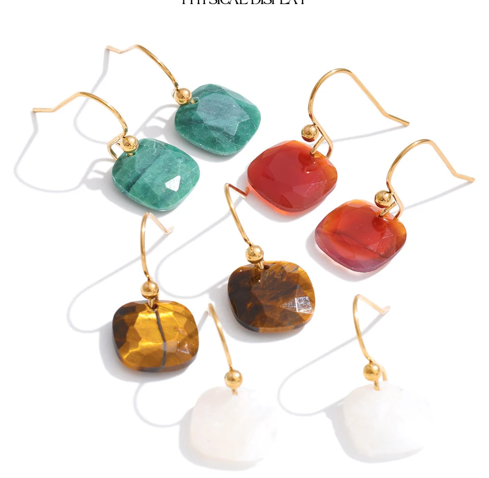 Yhpup Stainless Steel Square Drop Charm Earrings Natural Tiger Agate Shell France Exquisite Jewelry 14K Golden PVD Plated Gift