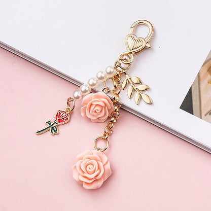 8colors 3D Rose Camellia Keychain Women Girls Sweet Pearl Tassel Flower Keyring With Metal Leaf For Earphone Case Bag Decoration