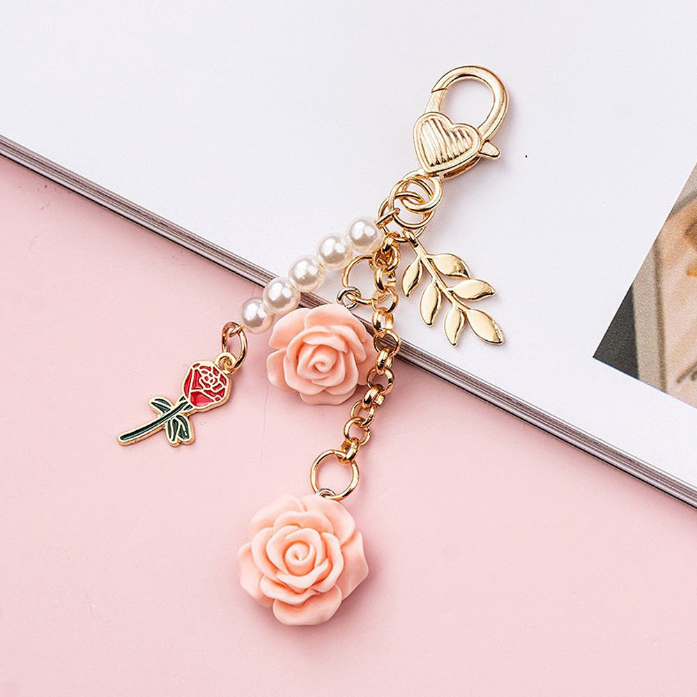8colors 3D Rose Camellia Keychain Women Girls Sweet Pearl Tassel Flower Keyring With Metal Leaf For Earphone Case Bag Decoration - Charlie Dolly