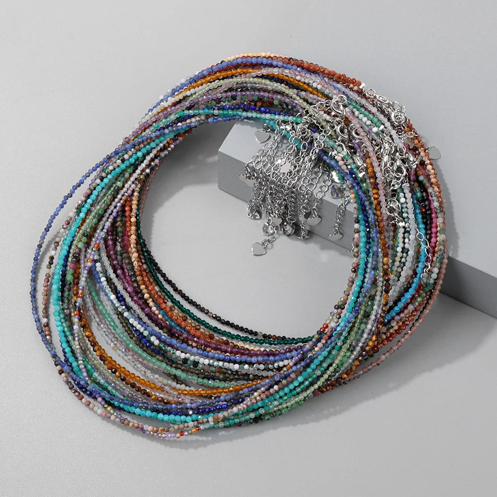 2mm Natural Stone Beads Necklace Handmade Mini lapis lazuli Amethysts Turquoises Beaded Necklaces for Women Boho Jewelry Gift