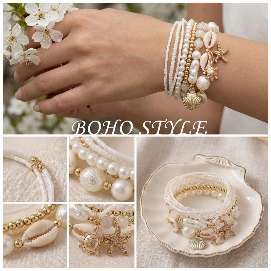 Sea Turtle, Starfish and Cowrie Shell Layered Pearl Bracelet