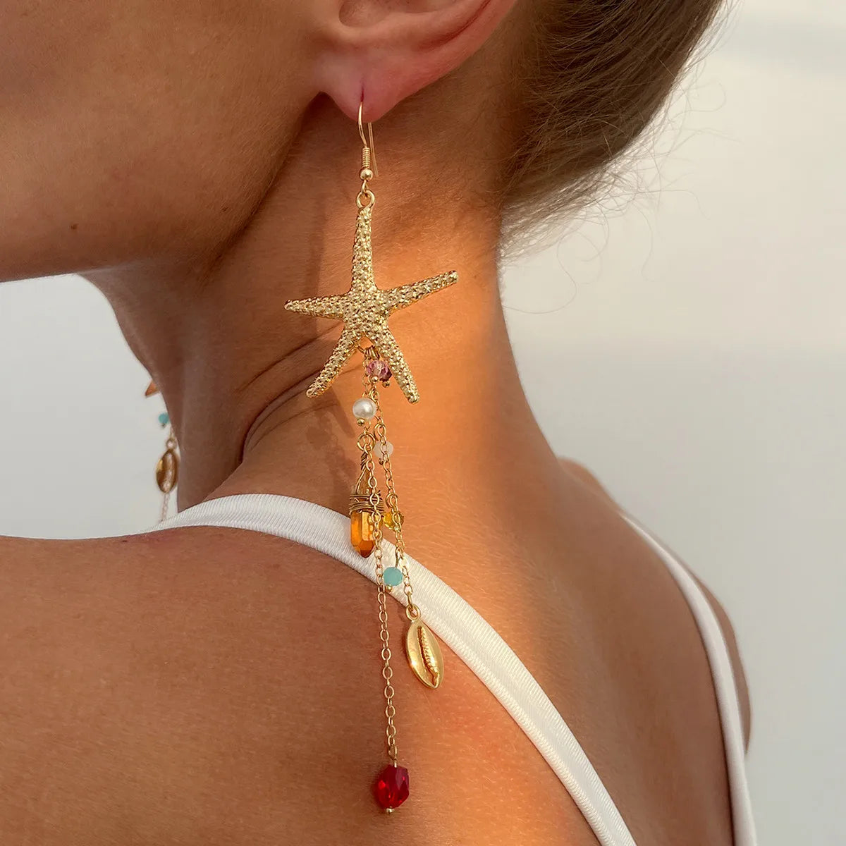 Ingemark Boho Starfish Jellyfish Imitation Pearls Crystal Long Tassels Earrings Women Trendy Piercing Drop Earrings Y2K Jewelry