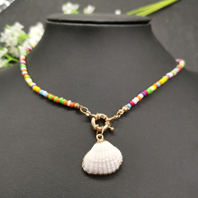 New Bohemian Colorful White Blue Beads Strand Choker Necklaces For Women Fashion Natural Shell Cowrie Pendant Necklace Jewelry - Charlie Dolly
