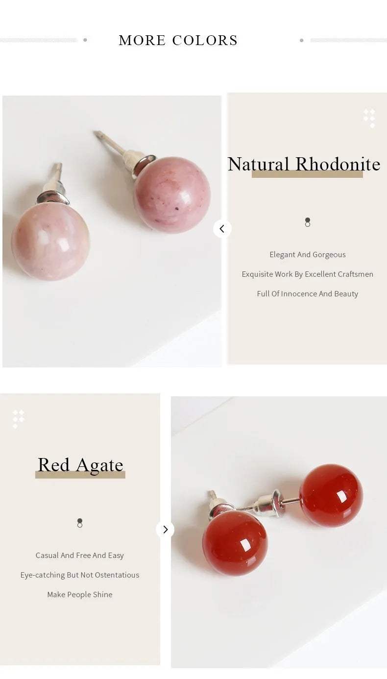 Natural Stone Agate Quartz Lapis Lazuli Tiger Eye Round Bead Stud Earrings Women Fashion Simple Stainless Steel Crystal Ear Stud