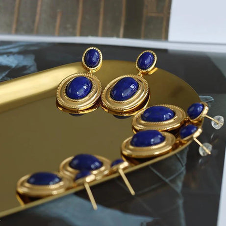 New design inlaid lapis lazuli oval hollow earrings exaggerated punk style retro ancient gold craftsmanship women's jewelry - Charlie Dolly