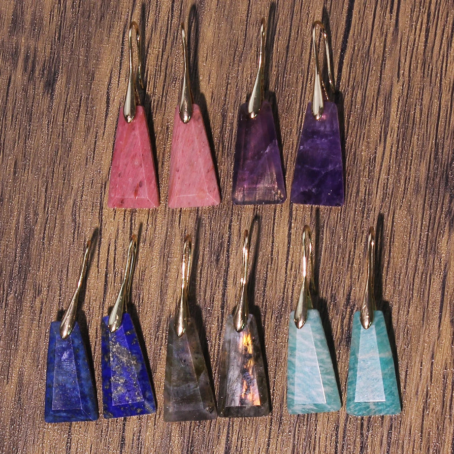 2pcs Natural stone earrings: amethyst, amazonite, flash stone, rhodochrosite, lapis lazuli trapezoidal faceted earrings - Charlie Dolly