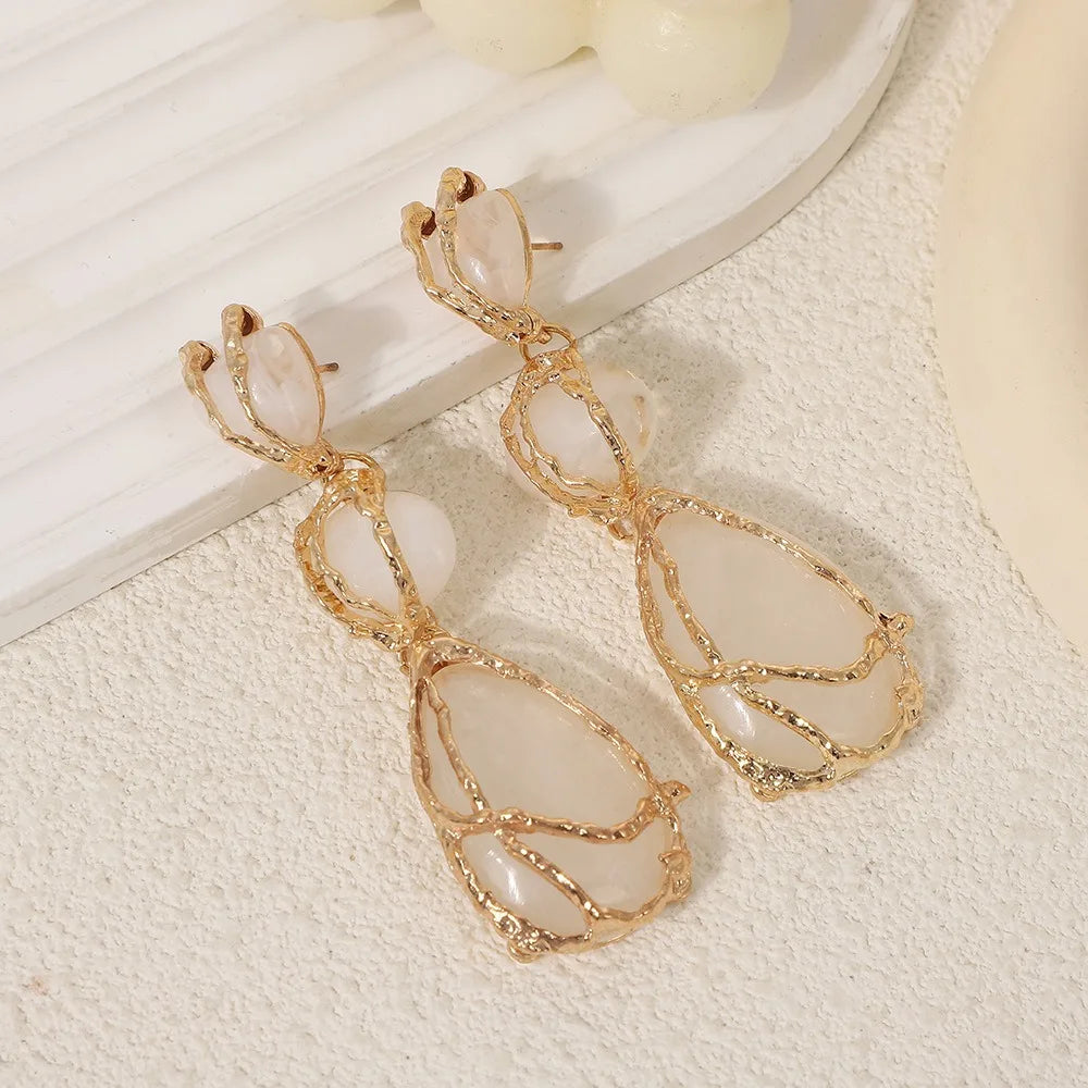 Natural Resin Waterdrop Metal Mesh Earrings For Women Retro Crystal Geometric Dangle Ear Stud Charms Party Jewelry Boho Gifts