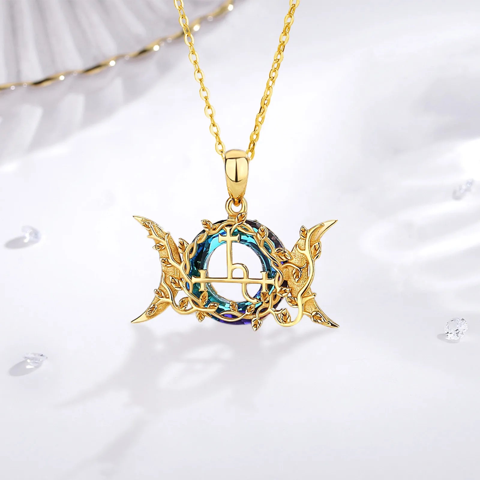 Eudora 925 Sterling Silver Lilith Sigil Necklace 18K Gold Triple Moon Goddess Amulet Pendant Austrian Crystal Wicca Jewelry Gift