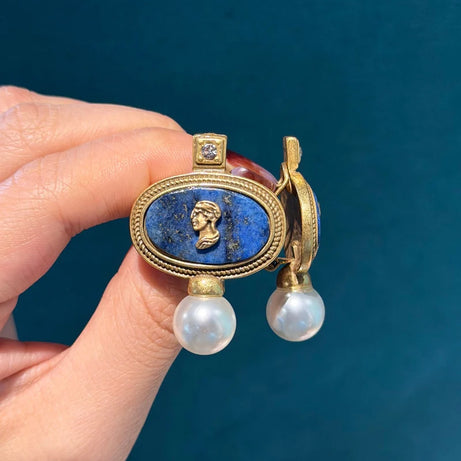 Vintage Cameo Jewelry Set Woman Avatar Pendent Pearl Necklace Lapis Lazuli Stud Earrings Blue Natural Stone Wedding Party 2026 - Charlie Dolly