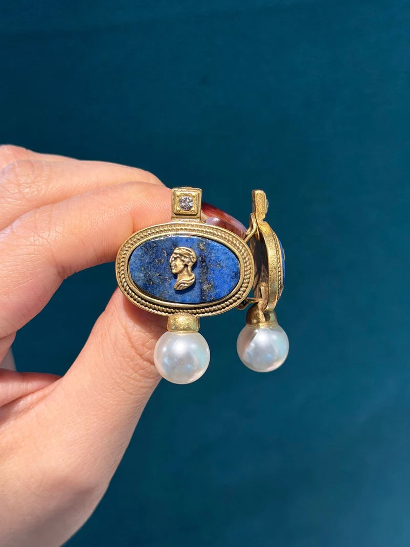 Vintage Cameo Jewelry Set Woman Avatar Pendent Pearl Necklace Lapis Lazuli Stud Earrings Blue Natural Stone Wedding Party 2026
