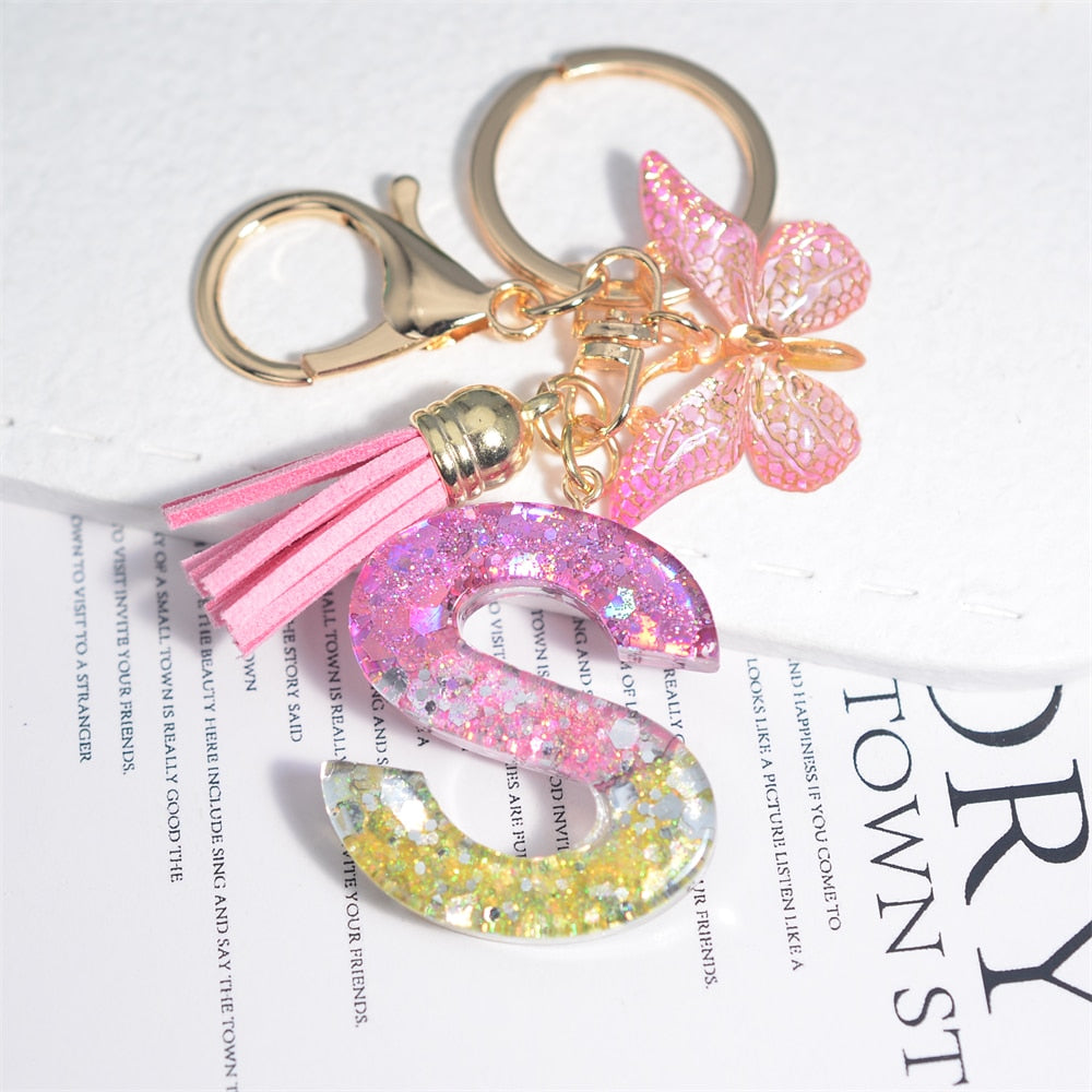 Cute Resin A-Z Initials Letter Keychain Pink Sparkle Butterfly Tassel Pendant Keyring for Women Girl Purse Handbags Jewelry Gift - Charlie Dolly