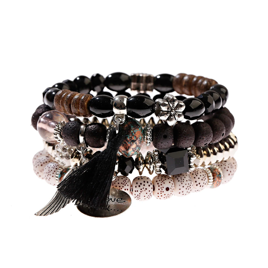 New Bohemian White Beads Tassel Bracelets Set Women Natural Lava Stone Alloy Wing Pendant Charm Bangle Boho Jewelry - Charlie Dolly