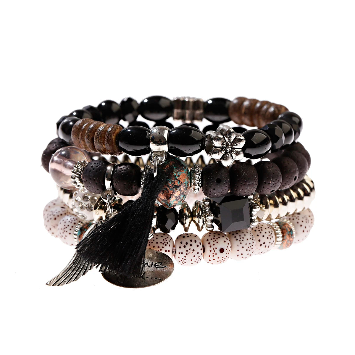 New Bohemian White Beads Tassel Bracelets Set Women Natural Lava Stone Alloy Wing Pendant Charm Bangle Boho Jewelry