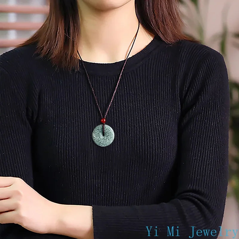 Natural A-grade Jade Pendant with Blue Water Carved Flower, Safe Buckle Jade Pendant, Men's and Women's Pendant, Jade Necklace